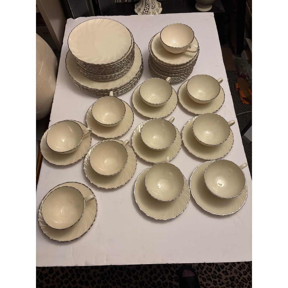 Lenox Weatherly China Dinnerware Set 12 Cups Saucers Plates Silver Trim Swirl